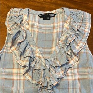 Veronica Beard Plaid Ruffle Blouse in Blue and Orange